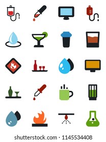 Color and black flat icon set - hot cup vector, water drop, dropper, flammable, monitor, alcohol, drink, cocktail, filter, sprinkler, flask