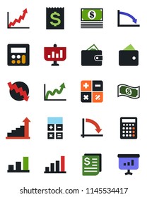 Color and black flat icon set - growth statistic vector, calculator, crisis graph, receipt, bar, wallet, cash, presentation