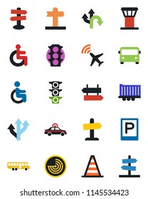 Color and black flat icon set - airport tower vector, plane radar, bus, parking, signpost, alarm car, border cone, disabled, route, traffic light, truck trailer, guidepost
