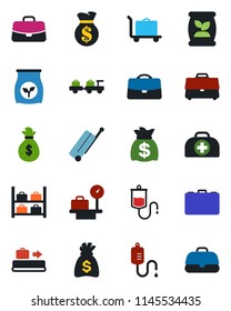 Color and black flat icon set - suitcase vector, baggage conveyor, trolley, larry, luggage storage, scales, case, money bag, fertilizer, doctor, dropper