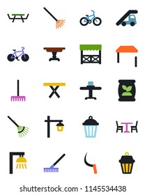 Color and black flat icon set - cafe vector, ladder car, rake, sickle, garden light, picnic table, fertilizer, bike, restaurant, alcove, outdoor lamp