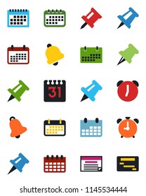 Color and black flat icon set - alarm clock vector, drawing pin, calendar, term, paper, bell, schedule
