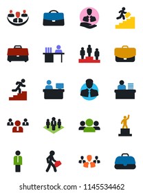 Color and black flat icon set - manager vector, pedestal, team, place, client, case, company, desk, career ladder, group