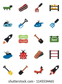 Color and black flat icon set - job vector, garden fork, shovel, lady bug, caterpillar, pond, rack, rent, bacon, open close, rocket