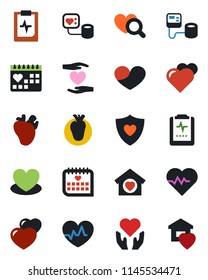 Color and black flat icon set - heart vector, pulse, blood pressure, diagnostic, shield, hand, real, medical calendar, clipboard, sweet home