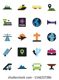 Color and black flat icon set - runway vector, suitcase, airport bus, passport, bed, ladder car, building, case, route, signpost, navigation, earth, plane, sea shipping, place tag, mountains, table