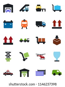 Color and black flat icon set - baggage trolley vector, train, alarm car, larry, ladder, helicopter, traffic light, cargo container, delivery, sea port, fragile, up side sign, package, garage