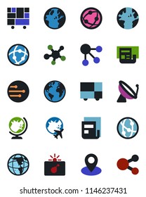 Color and black flat icon set - satellite antenna vector, bomb in case, globe, plane, earth, pin, consolidated cargo, network, share, news, social media