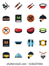 Color and black flat icon set - spoon and fork vector, dish, cafe, menu, plates, waiter, steak, kebab, hamburger, bowl, sushi
