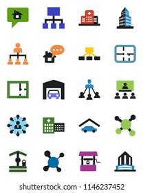 Color and black flat icon set - hierarchy vector, well, molecule, hospital, office building, garage, plan, home message