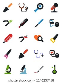 Color and black flat icon set - trowel vector, pruner, saw, stethoscope, blood pressure, thermometer, heart diagnostic, microscope, scalpel, microphone