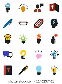 Color and black flat icon set - speaking man vector, pen, brainstorm, bulb, dialog, wine card, hot dog, energy saving, shining head, idea