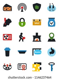 Color and black flat icon set - fertilizer vector, ampoule, stomach, pin, antenna, lock, company, manager, sale, rooms, fireplace, bowl, cheese, air conditioner, water filter, smoke detector, tie
