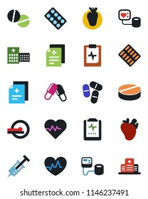 Color and black flat icon set - heart pulse vector, diagnosis, syringe, blood pressure, pills, blister, tomography, real, clipboard, hospital