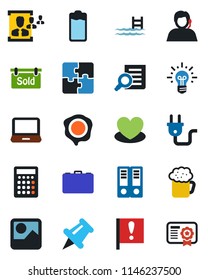 Color and black flat icon set - case vector, office binder, document search, stamp, heart, important flag, support, laptop pc, paper pin, battery, gallery, application, hr, pool, sold signboard