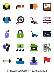 Color and black flat icon set - waiting area vector, mail, office binder, mouse, lawn mower, pills, barbell, mobile tracking, group, finger down, gallery, tuning, download, hierarchy, house, pool