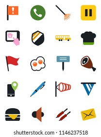 Color and black flat icon set - airport bus vector, phone, wind, rake, plant label, important flag, mobile tracking, shield, speaker, pause button, pen, cook hat, kebab, ham, hamburger, omelette