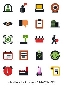 Color and black flat icon set - reception vector, speaking man, eye, office phone, heavy scales, finger down, alarm, id, clipboard, abacus, meeting, notebook pc, manager, building, factory, clock