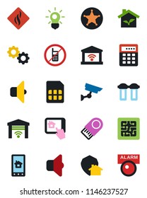 Color and black flat icon set - no mobile vector, sim, chip, eco house, home control app, gear, water filter, smoke detector, bulb, sound, garage gate, protect, police, combination lock, usb flash