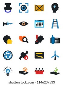Color and black flat icon set - boarding vector, brainstorm, ladder, heart diagnostic, eye, satellite, office phone, container, network, calendar, meeting, stamp, smoke detector, scan, home protect