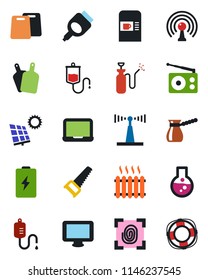 Color and black flat icon set - coffee machine vector, notebook pc, saw, garden sprayer, dropper, radio, antenna, monitor, hdmi, sun panel, heater, cutting board, turkish, fingerprint, battery