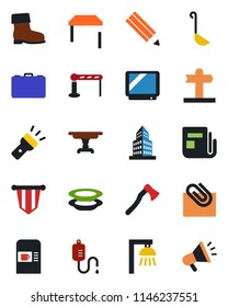 Color and black flat icon set - barrier vector, coffee machine, case, pennant, boot, axe, dropper, signpost, news, tv, torch, paper clip, office building, pencil, table, plates, ladle, outdoor lamp