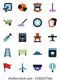 Color and black flat icon set - rake vector, ladder, wheelbarrow, bench, fireplace, syringe, broken bone, cut, mountains, children room, washer, restaurant table, bread, fan, windmill, surveillance