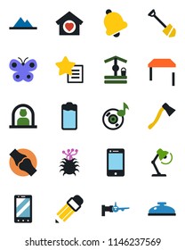 Color and black flat icon set - reception vector, boarding, mobile phone, job, butterfly, well, axe, joint, virus, cell, favorites list, battery, bell, music, desk lamp, pencil, mountains, table