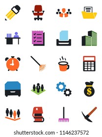Color and black flat icon set - alarm clock vector, team, rake, coffee, office building, document folder, calculator, checklist, manager desk, paper tray, archive box, pencil, book, company, group