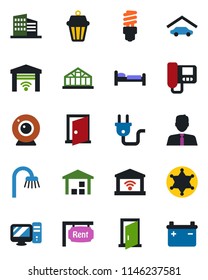 Color and black flat icon set - bed vector, greenhouse, warehouse, garage, rent, office building, estate agent, bathroom, power plug, web camera, intercome, pc, energy saving bulb, outdoor lamp