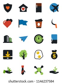 Color and black flat icon set - coffee vector, tree, sickle, heart, shield, molecule, plane, download, tie, sweet home, omelette, fridge, palm sproute, money bag, clock, flag, paper, office building
