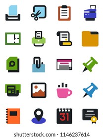 Color and black flat icon set - coffee vector, drawing pin, printer, contract, gallery, folder, calendar, cut, clipboard, copybook, paper clip, news, document search, tray, copier, plan, schedule