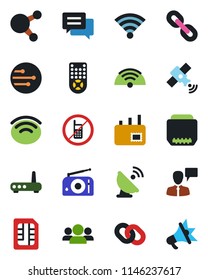 Color and black flat icon set - no mobile vector, speaking man, satellite antenna, radio, remote control, share, chain, hdmi, message, sim, network, wireless, mail, router, group, advertising