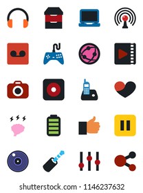 Color and black flat icon set - brainstorm vector, vinyl, camera, antenna, gamepad, settings, network, headphones, laptop pc, radio phone, finger up, heart, battery, pause button, rec, archive chest