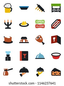 Color and black flat icon set - cook vector, dish, serviette, wine card, beer, waiter, cafe building, candle, open close, alcove, chicken, ham, hot dog, bowl, rolling pin, turkish coffee, cheese