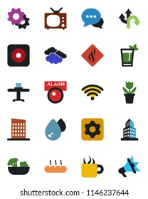 Color and black flat icon set - clouds vector, flower in pot, route, dialog, rec button, settings, office building, tv, wireless, city house, restaurant table, phyto bar, coffee, salad, bread, water