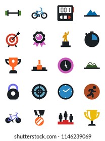 Color and black flat icon set - pedestal vector, medal, barbell, bike, run, heavy, clock, stopwatch, target, mountains, award cup