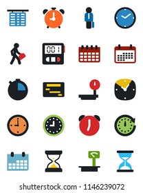 Color and black flat icon set - alarm clock vector, flight table, calendar, heavy scales, stopwatch, manager, schedule, sand