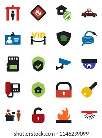 Color and black flat icon set - passport control vector, security gate, alarm car, identity card, hose, shield, flammable, sd, lock, key, estate insurance, vip zone, intercome, home protect