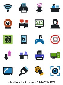 Color and black flat icon set - no laptop vector, desk, printer, monitor pulse, virus, support, gamepad, tv, touch screen, hdmi, data exchange, wireless, manager, chip, web camera, pc, eye scan