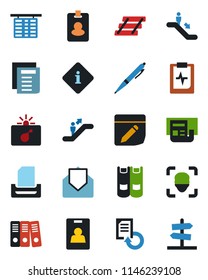 Color and black flat icon set - escalator vector, bomb in case, flight table, book, document, reload, pulse clipboard, mail, notes, face id, news, identity card, paper binder, tray, pen, information
