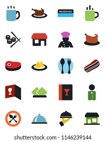 Color and black flat icon set - hot cup vector, spoon and fork, coffee, waiter, cook, dish, serviette, wine card, reserved, bacon, chicken, steak, sushi, storefront