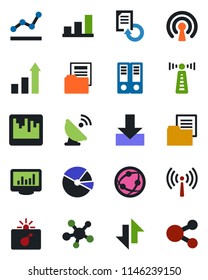 Color and black flat icon set - antenna vector, bomb in case, growth statistic, office binder, document reload, folder, satellite, network, share, scanner, data exchange, download, bar graph, pie