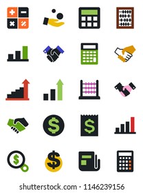 Color and black flat icon set - handshake vector, growth statistic, dollar sign, calculator, abacus, receipt, news, bar graph, money search, investment