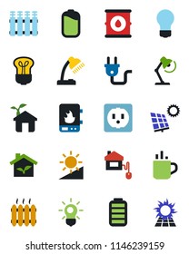 Color and black flat icon set - hot cup vector, bulb, oil barrel, battery, brightness, desk lamp, sun panel, heater, home control, eco house, socket, power plug, water, radiator