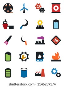 Color and black flat icon set - factory vector, saw, sickle, sea port, flammable, oil barrel, reel, battery, root setup, sun panel, water heater, gear, windmill