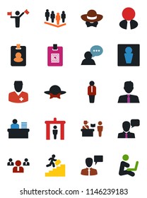 Color and black flat icon set - dispatcher vector, passport control, security gate, male, manager, speaking man, team, doctor, speaker, identity card, desk, career ladder, estate agent, dress code