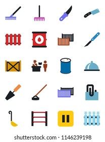 Color and black flat icon set - passport control vector, trowel, rake, hoe, garden knife, scalpel, cargo container, oil barrel, rack, pause button, paper clip, dish, ladle, radiator