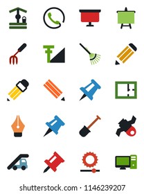Color and black flat icon set - ladder car vector, presentation board, drawing pin, pencil, garden fork, shovel, rake, well, satellite, brightness, cellular signal, ink pen, plan, phone, pc