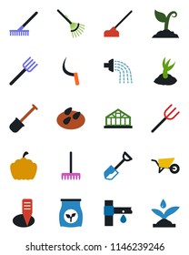 Color and black flat icon set - shovel vector, farm fork, rake, wheelbarrow, watering, sproute, hoe, sickle, plant label, pumpkin, greenhouse, seeds, fertilizer, drip irrigation